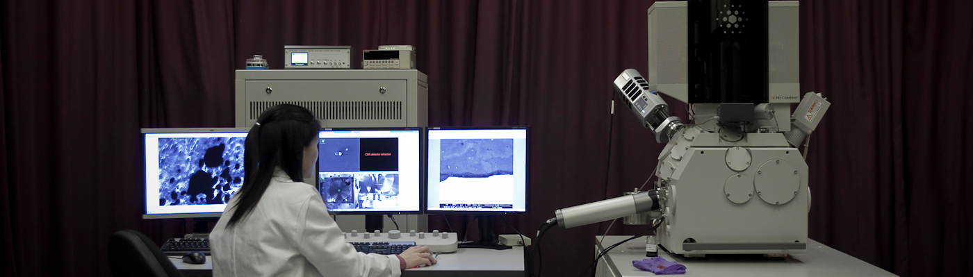 Researcher analysing images in lab on three PC screens